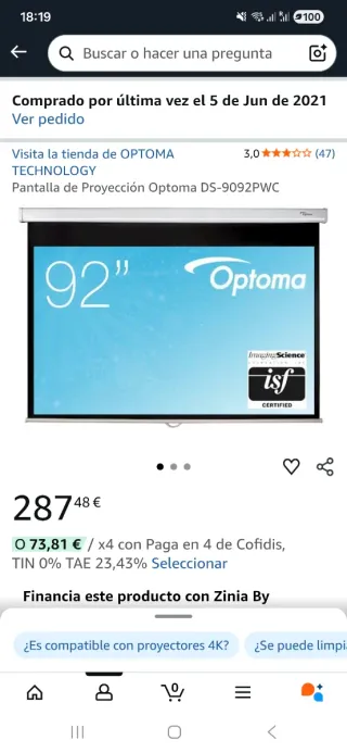 Pantalla Proyector Optoma 92