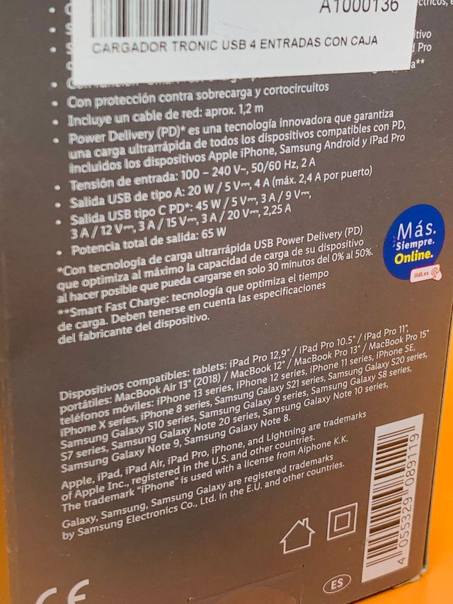 Cargador Tronic USB 4 Entradas 65W