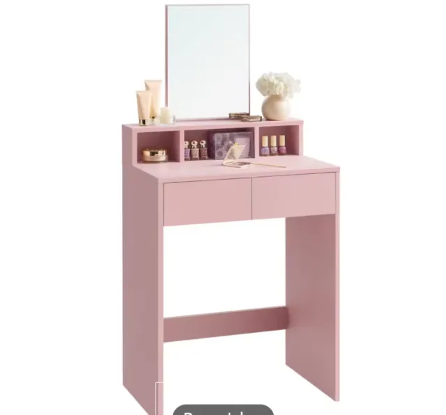 Tocador rosa con espejo y cajones