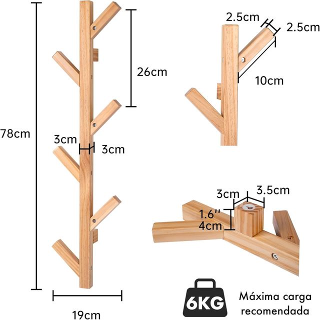 Perchero de pared madera 6 ganchos