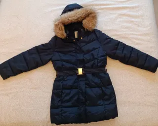 Abrigo niña azul con cinturón dorado