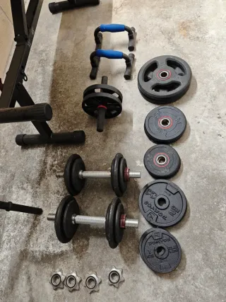 Banco Gimnasio + Pesas y Barra