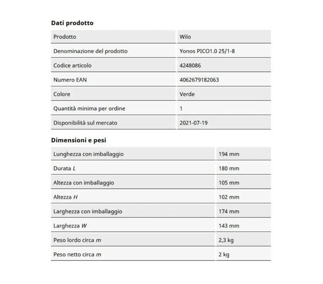 Wilo Yonos 4248086 Pico Plus Circolatore Universal