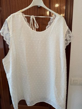 Blusa blanca con plumeti y encaje