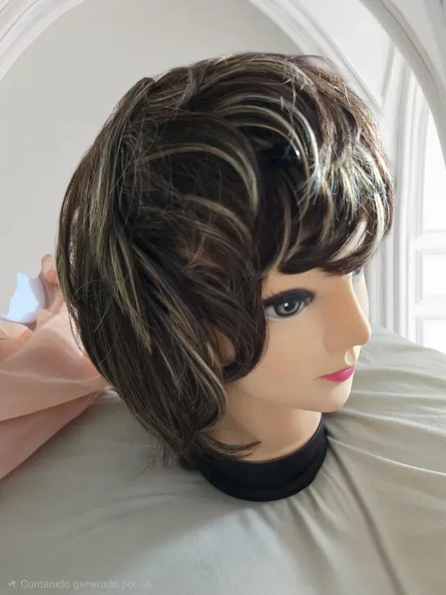 Peluca corta castaña con mechas doradas