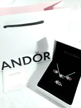 Conjunto Pandora Corazón Rojo y Plata