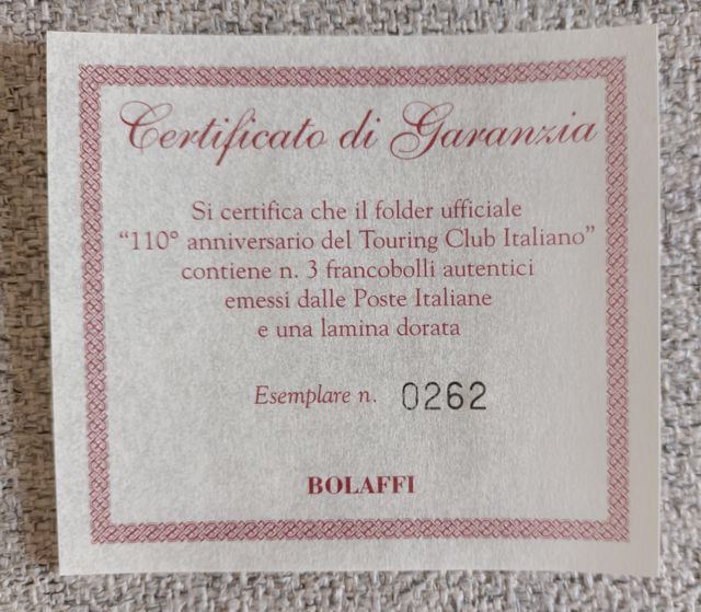 Folder filatelico 110 anni Touring Club Italiano