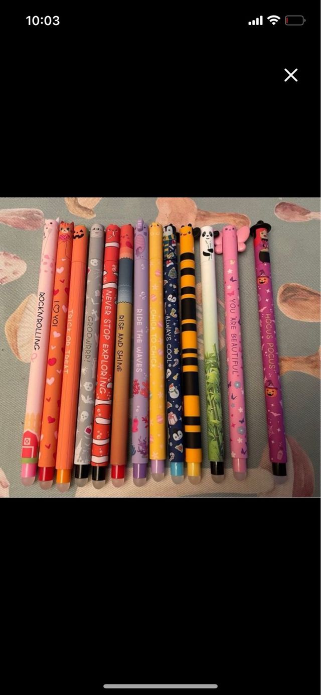 Lote 13 bolígrafos gel borrables temáticos