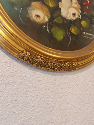 Cuadro antiguo flores doradas ovalado