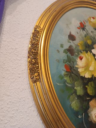 Cuadro antiguo flores doradas ovalado