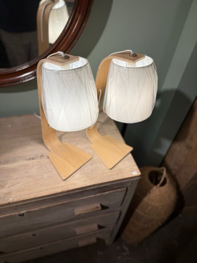 Pareja Lámparas Noche Nórdicas Madera Tela