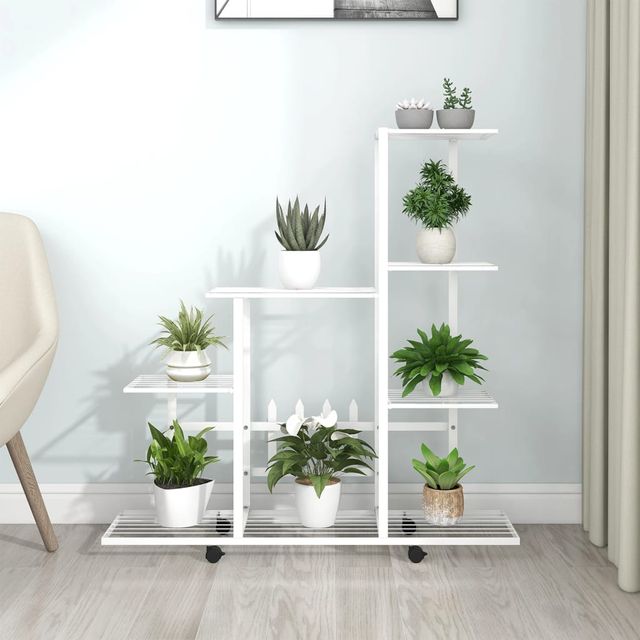 Supporto per fiori in metallo bianco con ruote