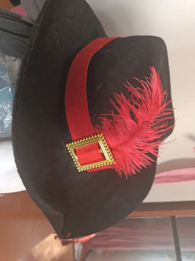 Sombrero de disfraz negro con pluma roja
