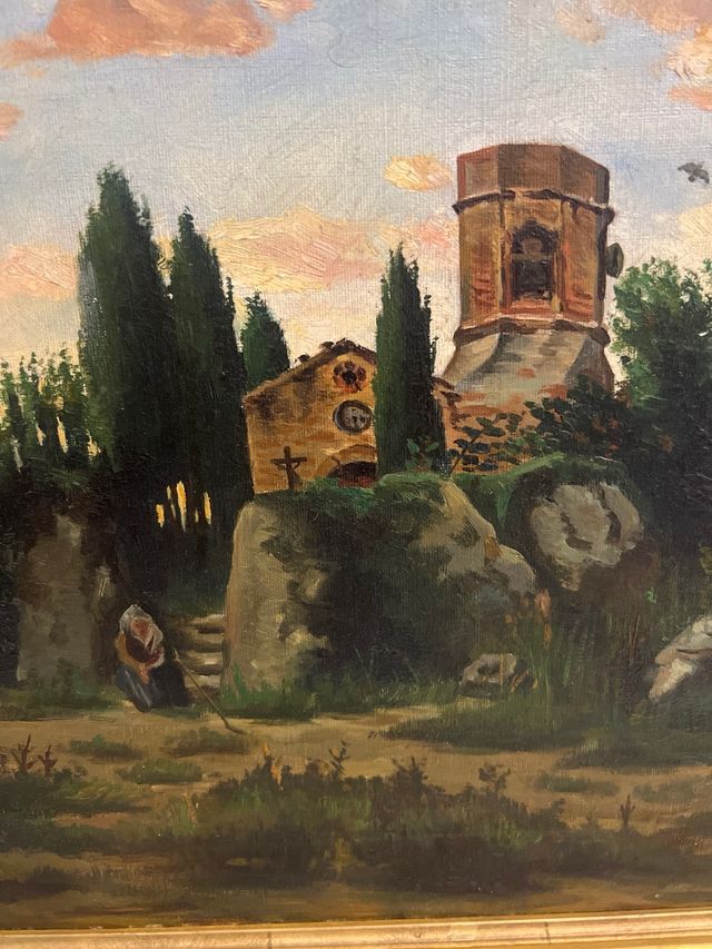 Óleo sobre lienzo: Paisaje atardecer iglesia