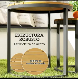 2 Mesas Jardín Apilables Madera y Metal