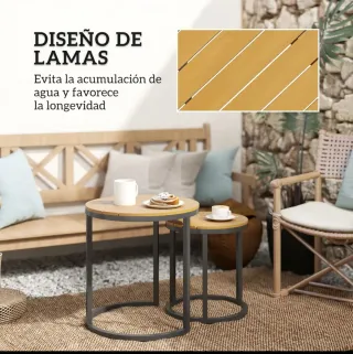 2 Mesas Jardín Apilables Madera y Metal