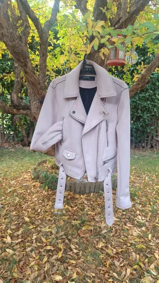 Cazadora Biker Rosa Palo Efecto Ante