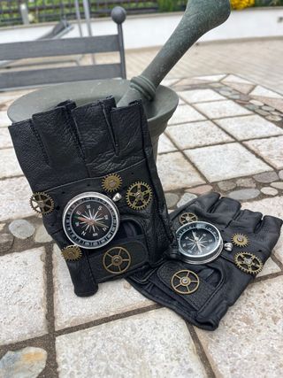Guanti Steampunk - Bussola, ingranaggi - Pelle NEW