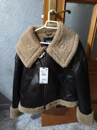 Chaqueta Zara Piel Talla S Beige/Marrón