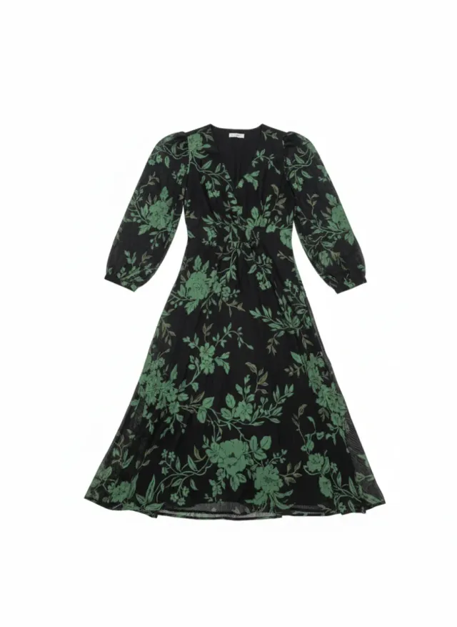 Vestido largo negro estampado floral verde