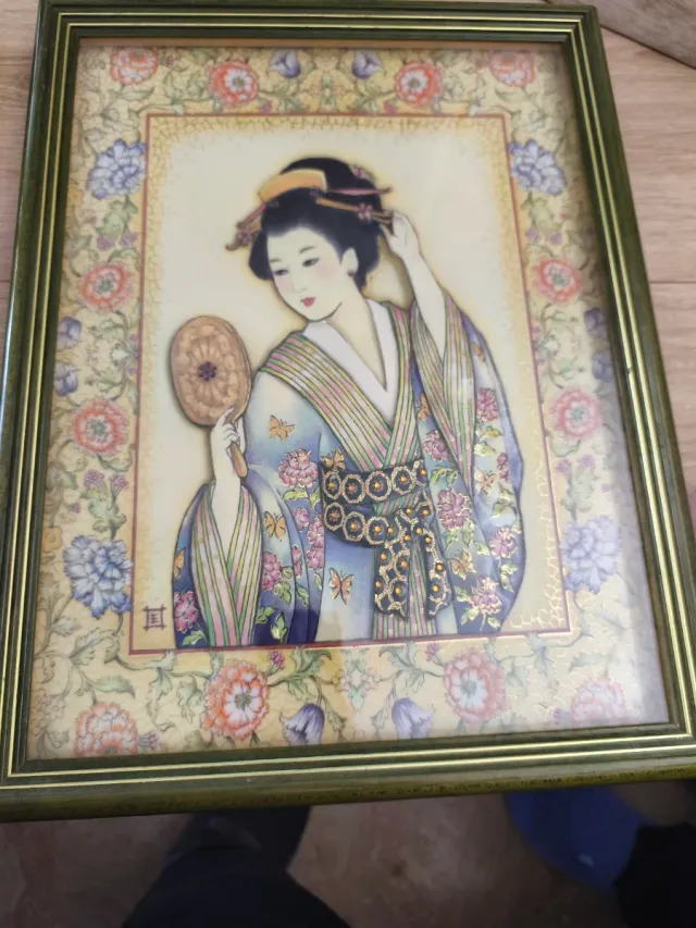 Cuadro Geisha con Laúd echo a mano con migas de pa