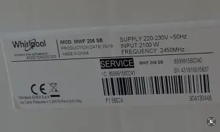 Microondas Whirlpool "NO FUNCIONA" mod. MWF 206 SB