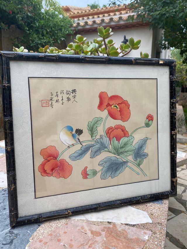 Antiguo cuadro seda chino pintado a mano