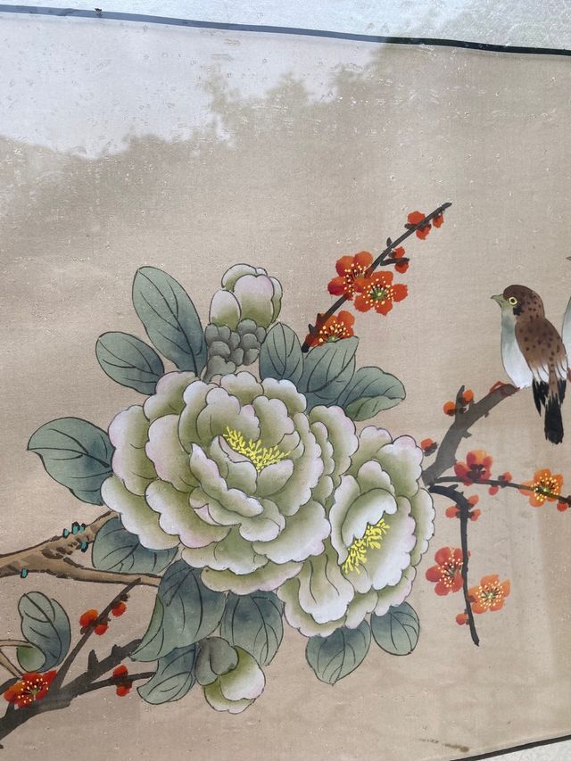 Cuadro seda chino pintado a mano pájaros flores
