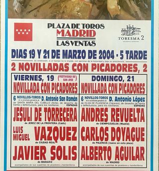 CARTEL DE TOROS DE MADRID 19 Y 21/3/2004