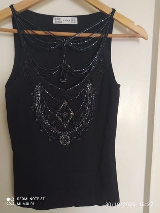 Top Zara Negro con Abalorios Talla M