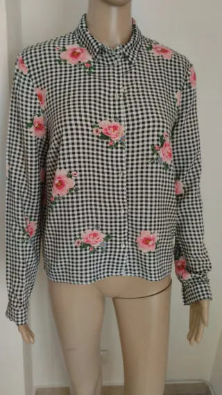 Camicia donna a quadri con fiori rosa