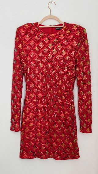 espectacular vestido de fiesta lentejuelas, rojo.