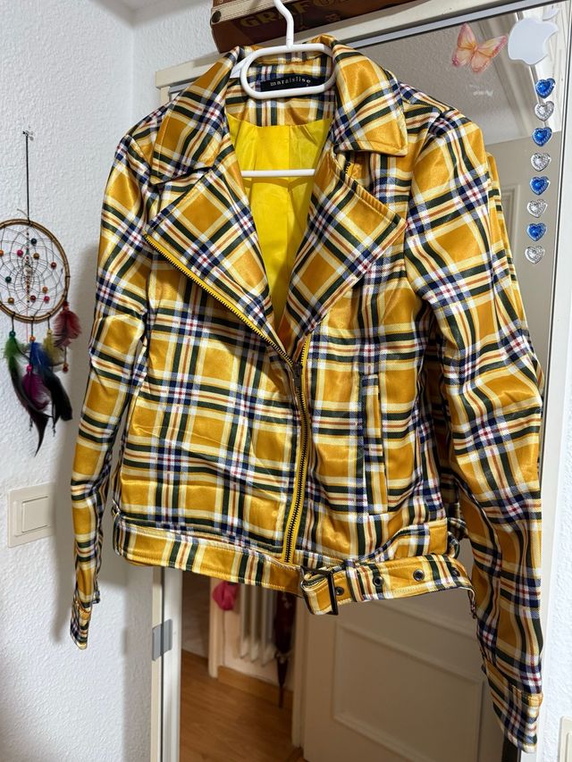 Chaqueta bike amarilla con estampado a cuadros