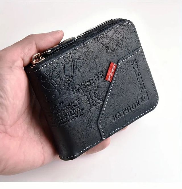 Portafoglio da uomo alla moda in pelle sintetica PU retrò Carr-Ken con giunzione alla moda, portafoglio con clip per carte di credito stile corto da uomo