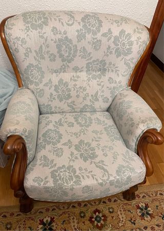 Sofá y 2 sillones madera y tela