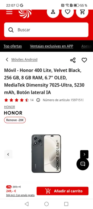 Honor 400 Lite 256GB Negro/Gris
