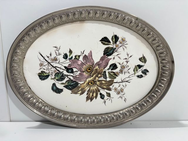 Bandeja Vintage Metal y Porcelana Flores
