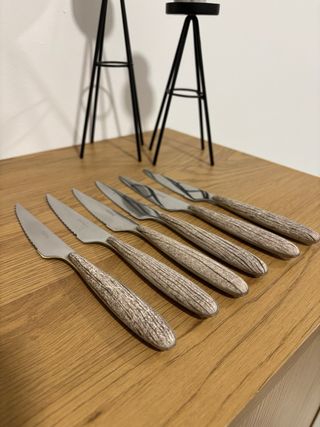 Lote 6 Cuchillos y 6 Tenedores Madera