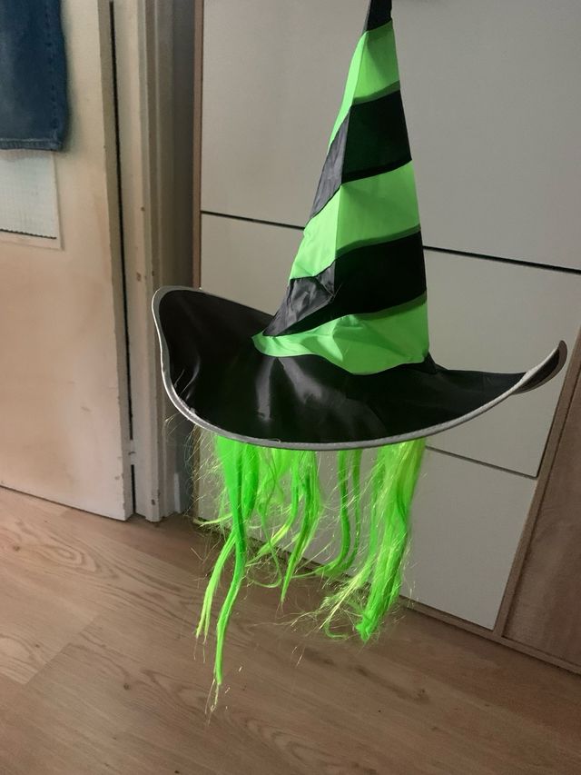 Sombrero de bruja con peluca verde.