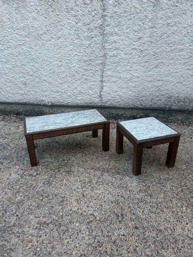 Juego de 2 mesas de mármol y madera