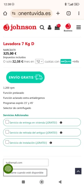 Lavadora Johnson 7 Kg Nueva en su embalaje