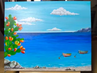 Quadro Acrilico Dipinto Mano Mare e Cactus