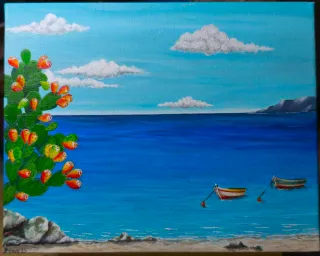 Quadro Acrilico Dipinto Mano Mare e Cactus