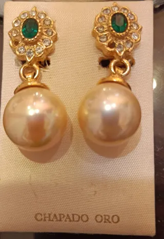 Pendientes Chapado Oro Perla y Esmeralda