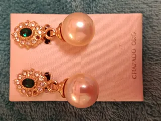 Pendientes Chapado Oro Perla y Esmeralda