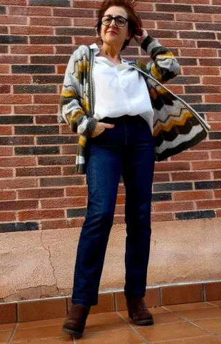 Chaqueta larga punto oversize verde y mostaza