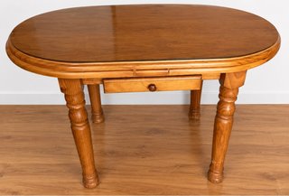 Mesa ovalada madera con cristal y cajón
