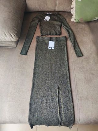 Conjunto top y falda ZARA punto metalizado navidad