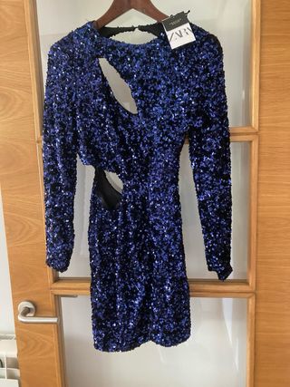 Vestido Zara lentejuelas azul con cortes