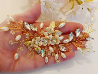 Tocado Novia Dorado Flores Perlas Cristales